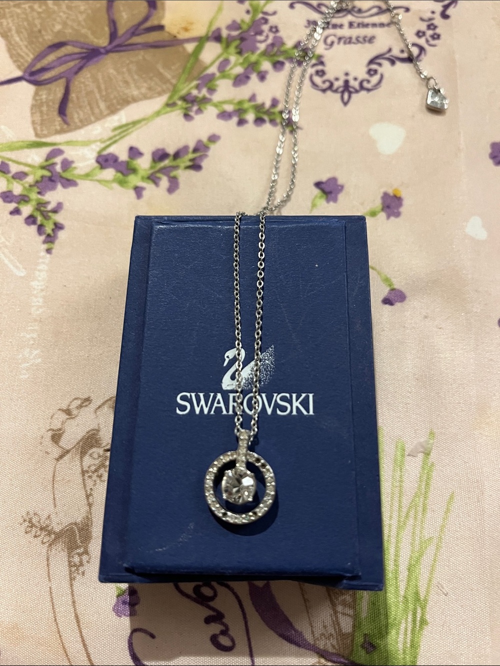 Swarovski Crystal Double Circle Pendant Necklace as is, missing 5 mini stones